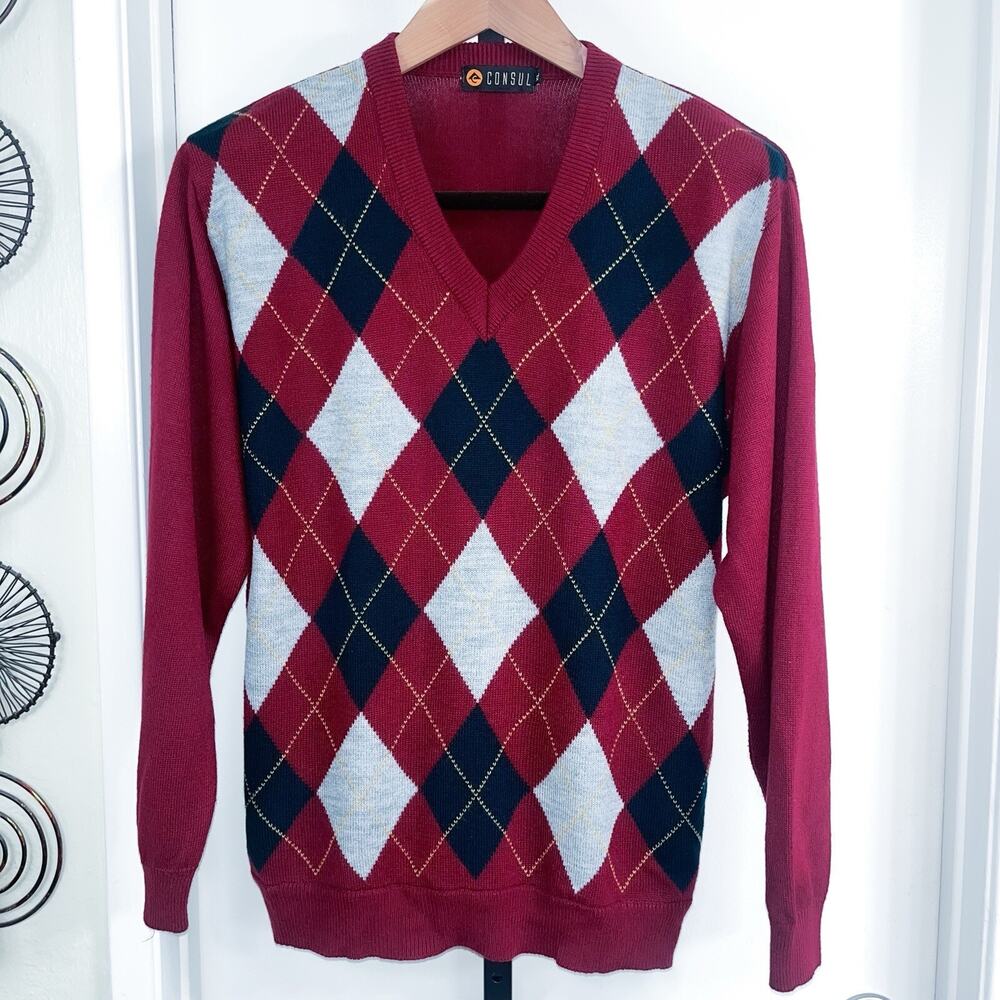Vintage Mens Argyle Sweater Y2K Preppy Academia 90s - Burgundy Navy, Size XL